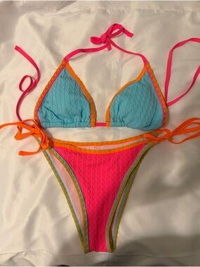 SHEIN Pink & Teal Triangle Tie-Side Bikini with Orange Trim
